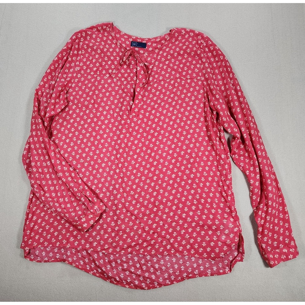 GAP Women's Large Red White Ditsy Floral Tie Neck Long Sleeve Pullover Blouse